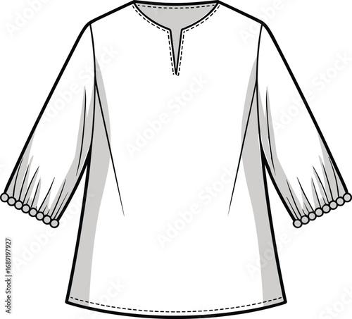Women's blouse technical sketch, round neck slit, gathered sleeve cuff, fashion CAD drawing, garment flat vector, apparel design illustration