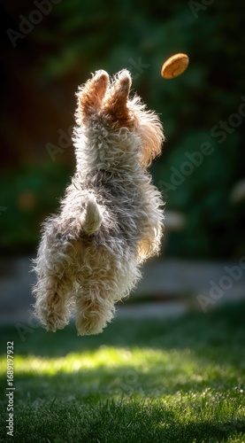 Energetic wire fox terrier leaps for a frisbee in a sunny, blurred grassy yard, highlighting the joy and vitality of play