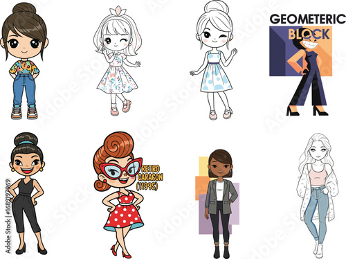 Diverse cartoon fashion girls in modern, retro, and geometric outfits, cute stylish characters for vector design, coloring books, fashion concepts, and illustrations.