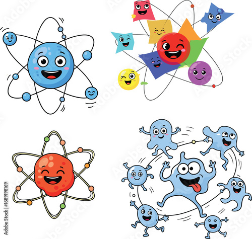 Funny cartoon atoms, molecule characters, science illustrations for kids, colorful protons and electrons, cute chemistry educational vector graphics for learning and design