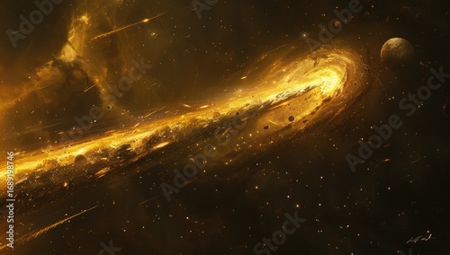 Cosmic cataclysm, a fiery celestial event.  Golden streaks of destruction tear across a deep space, filled with debris and distant stars