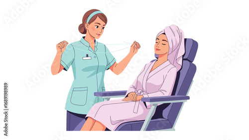 Skincare professional consults with client relaxing in spa chair during facial treatment session