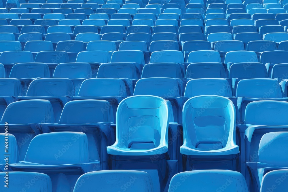 Naklejka premium Rows of bright blue plastic stadium seats, two empty in the foreground, under bright sunlight