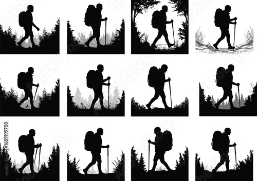 Silhouette of hiker with backpack walking forest trail, trekking outdoor adventure, camping lifestyle, hiking stick, mountain exploration, travel journey.