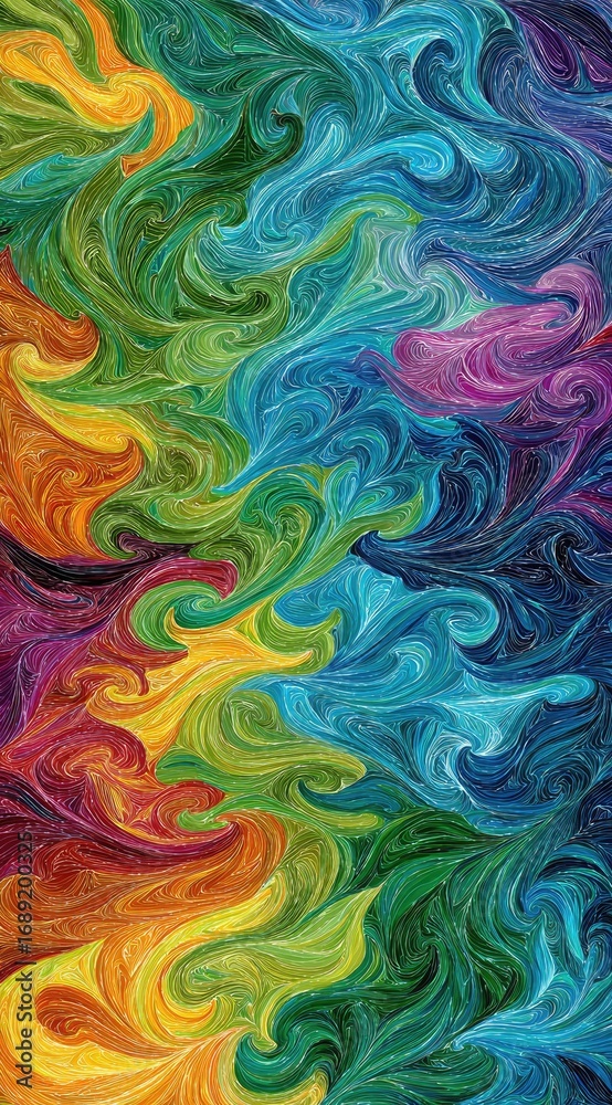 Fototapeta premium Abstract artwork with vibrant swirling paint strokes in warm and cool tones, creating a dynamic, textured visual