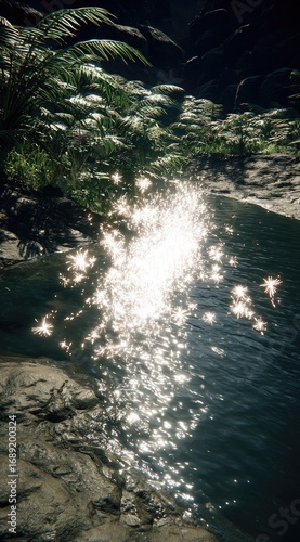 Sunlit water sparkles against a rocky bank with lush ferns. Light dances creating a magical scene. Natural beauty with a peaceful, serene feeling