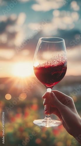 A hand delicately holds a glass of red wine, silhouetted against a vibrant sunset, sky filled with clouds. Blurry landscape in the background
