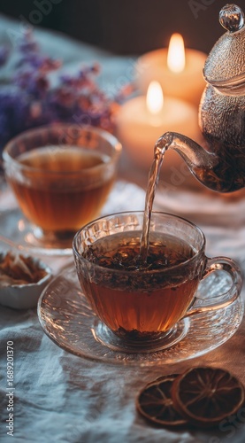 Tea pouring into a clear glass cup, with a second filled cup, candles, dried florals, and dried orange slices arranged on a crumpled white fabric