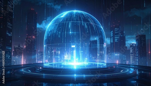 Futuristic Cityscape Encapsulated by a Data Dome, High-Tech Urban Future Protected by a Digital Shield