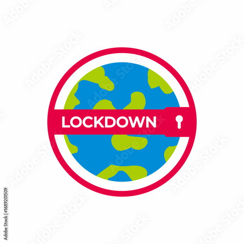 simple vector logo of the Earth inside a red circle, featuring a bold "LOCKDOWN" banner with a small keyhole icon, symbolizing global restrictions or quarantine