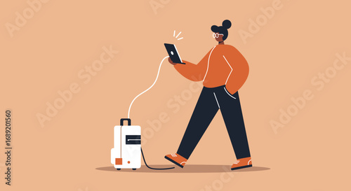Illustration of a person staying connected and productive on the go, charging their tablet with a portable power station for remote work or travel.