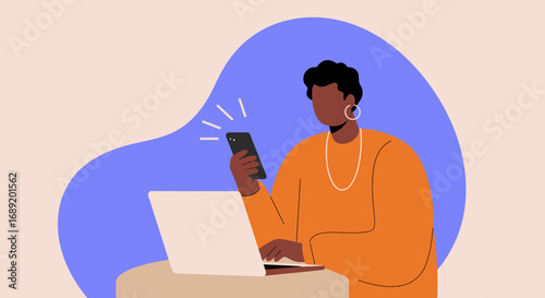 Modern flat illustration of a person multitasking with a smartphone and laptop, representing digital connectivity, remote work, and contemporary business communication.
