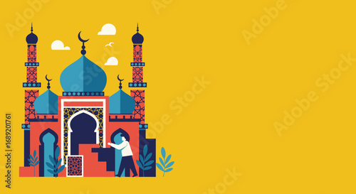 Vibrant illustration of a man approaching a beautiful mosque, symbolizing Islamic culture, spirituality, and worship. Ideal for religious holidays like Ramadan or Eid.