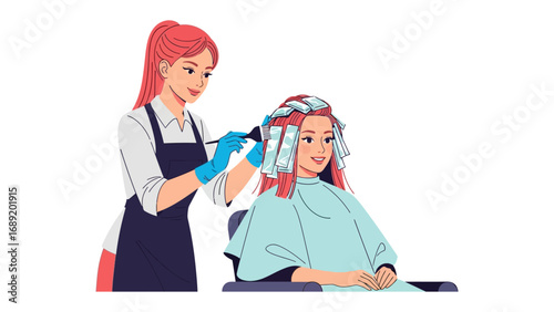 Skilled hairstylist expertly applying hair dye to client s hair in a salon setting