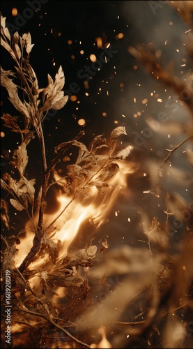 Dried plants and leaves appear to be ablaze with an orange fiery hue, against a blurred, dark backdrop with floating embers and ash