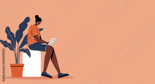 Young Black woman working remotely on laptop at home, embodying modern productivity, freelance, and online learning concepts. Ideal for business, technology, or lifestyle designs.