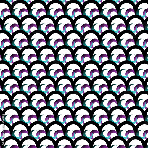 Abstract repeating pattern of stylized, curved shapes in teal, purple, and black on a white background.