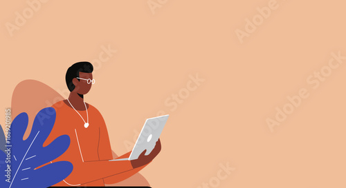 Illustrated person focused on their laptop, representing remote work, online learning, or digital lifestyle. Ideal for technology, business, or education concepts.