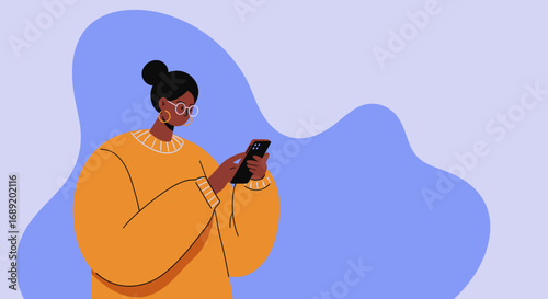Woman with glasses uses a smartphone, engaged in digital communication, social media, or online tasks. Modern illustration for technology, lifestyle, and business concepts.