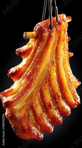 Close-up of grilled ribs held by tongs, showcasing the golden-brown, caramelized surface against a dark backdrop. Appetizing and textured