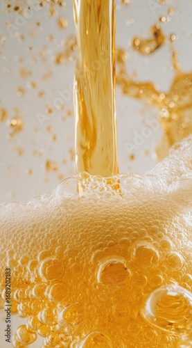 Close-up of amber liquid being poured, creating frothy bubbles against a soft, pale background, highlighting the textures and motion of the stream