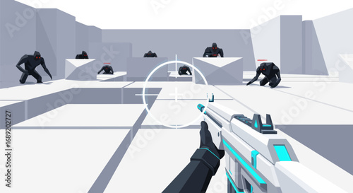 First-Person Shooter Perspective with Futuristic White Gun and Enemies.