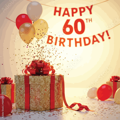A festive scene celebrating a 60th birthday with a banner, balloons, a large gift box, and scattered confetti.