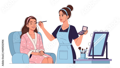 Professional makeup artist applying cosmetics to a client in a salon setting with mirror and brushes