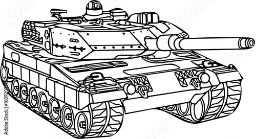 Detailed line art illustration of a modern main battle tank, a powerful armored fighting vehicle for coloring
