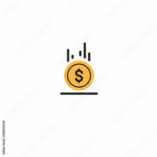Gold coin falling onto a flat surface representing financial loss or investment opportunity with minimalist style and clean aesthetic.