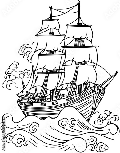 A classic tall ship with full sails braving the choppy waters of the sea, depicted in a detailed black outline style