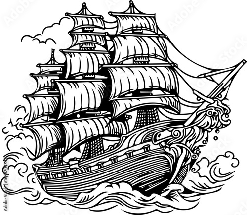 Classic wooden frigate sailing on turbulent ocean waves, a timeless emblem of maritime history and high-seas adventure