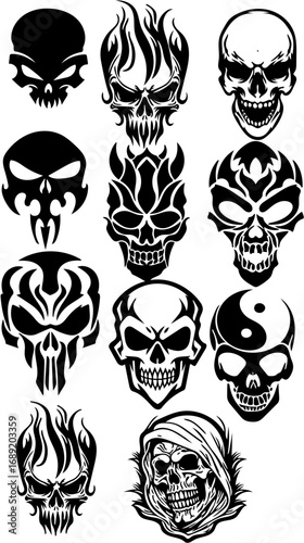 Creative assortment of menacing skull designs, including tribal patterns and flame motifs, perfect for graphic art and tattoos