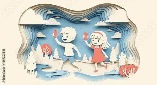 A whimsical papercraft illustration of a boy and girl exploring a scenic outdoor landscape with their mobile devices