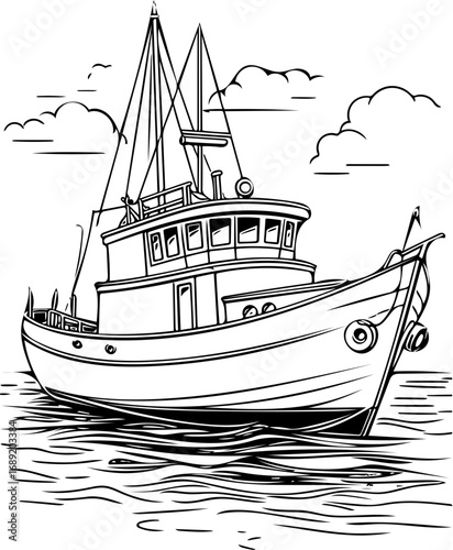 Vintage-style line art of a commercial fishing trawler sailing on the water, an iconic symbol of the maritime industry and ocean voyage