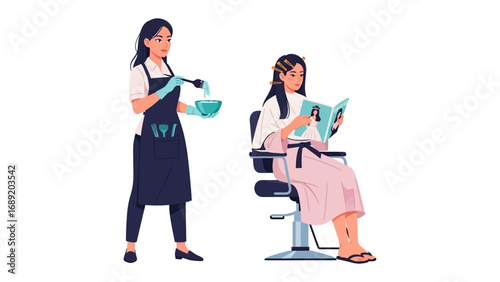 Hairdresser with blow dryer and client reading magazine in salon chair