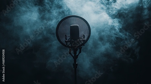 Atmospheric Spotlight on a Studio Microphone with Pop Filter Amidst Swirling Blue Smoke