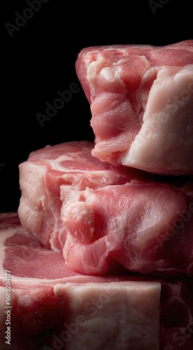 Stacked raw pork chops, showing fat marbling, against a dark background, close up. The meat has a pinkish hue with white fat