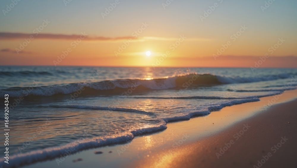Fototapeta premium Sunset or sunrise over the ocean with waves gently crashing on the shore. Beautiful beach scene at dusk or dawn.