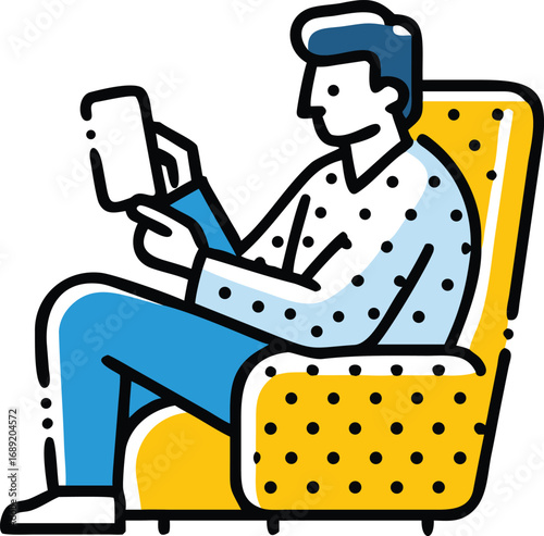 Doodle-style man on couch using smartphone – calm digital engagement at home, minimalist line art illustration of casual mobile browsing in daily life