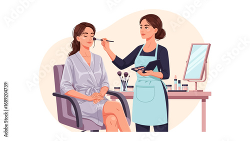 Professional makeup artist applying cosmetics to a seated client in a salon setting with mirror and tools