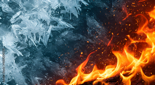 Dramatic contrast of vibrant fire and icy crystals creates a visually stunning abstract background