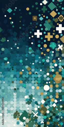 Abstract vertical background with bokeh-like effect and various geometric shapes in shades of blue, green, gold, and white