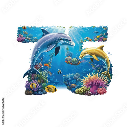 Two colorful dolphins swimming in a vibrant coral reef, forming the number seventy with marine life.