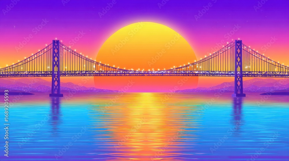 Fototapeta premium Pixel Art Sunset Cityscape with Suspension Bridge