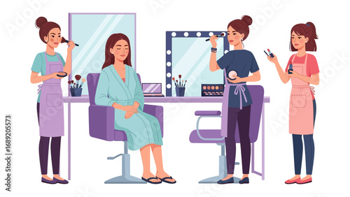 Professional makeup artists meticulously applying cosmetics to a client in a well lit beauty salon setting