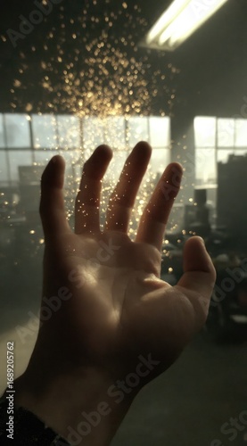 A hand reaching out, surrounded by sparkling particles floating in the air, with a blurred industrial background and natural sunlight