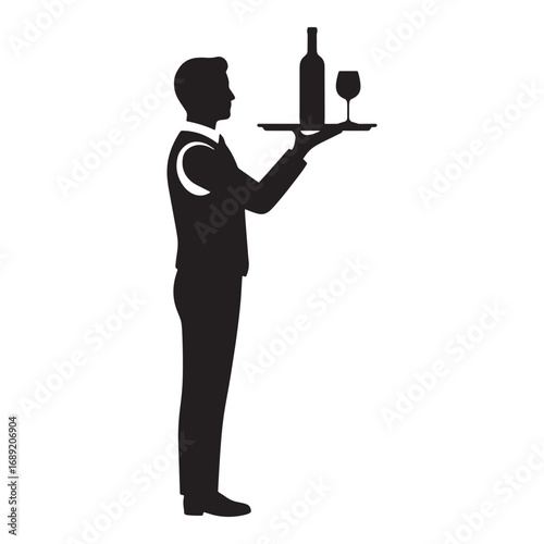 Waiter holding tray with wine bottle and glass vector illustration