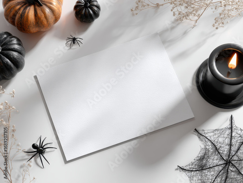 Blank white card is surrounded by Halloween themed decorations, including black and orange pumpkins, artificial spiders, lit candle, and decorative spider web, creating spooky atmosphere