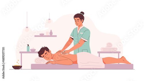 Professional massage therapist providing relaxing back massage to a client in a serene spa environment